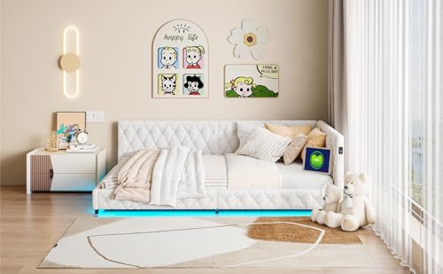 QSFCUB Polsterbett Schlafsofa 140x200, Eckbett Sofabett mit LED und USB, L-förmiges Tagesbett Schlafsofa mit Lattenrost, Kinderbett Jugendbett Daybett Doppelbett, Teddy-Samtstoff (Weiß-B01, 140x200)