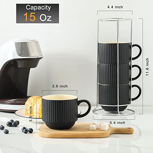 Hasense Coffee Mug Ceramic Set Of 4 With Stand - 15 Oz Stackable Large Porcelain Ribbed Latte Cup Set For Cappuccino, Tea, Hot Cocoa, Drinks - Dishwasher & Microwave Safe, Black #TOP2