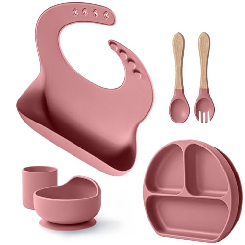 Image of Willbetter 6-Piece Baby Plates and Utensils Set with Suction - BPA-Free Dishwasher Safe Silicone Feeding Set for BLW | Suction Plates, Bowl, Bib, Cup, Spoon & Fork | Toddler Dishes Dinnerware Sets