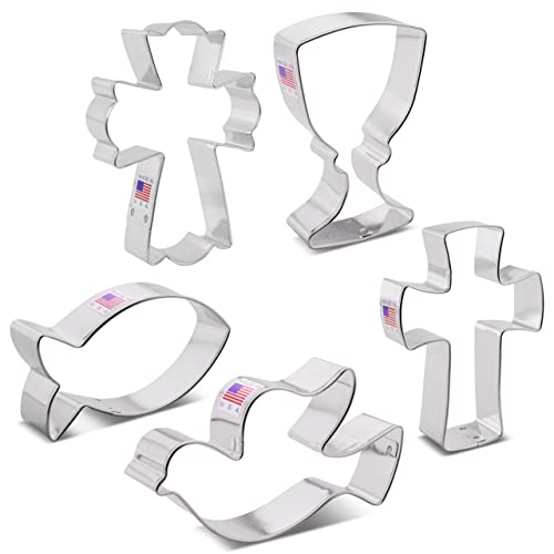 Communion Baptism Confirmation Easter Cookie Cutter Set, 5-Piece Chalice, Jesus Fish, Holy Cross, Dove, Fancy Cross, Recipe Booklet By Ann Clark #TOP6