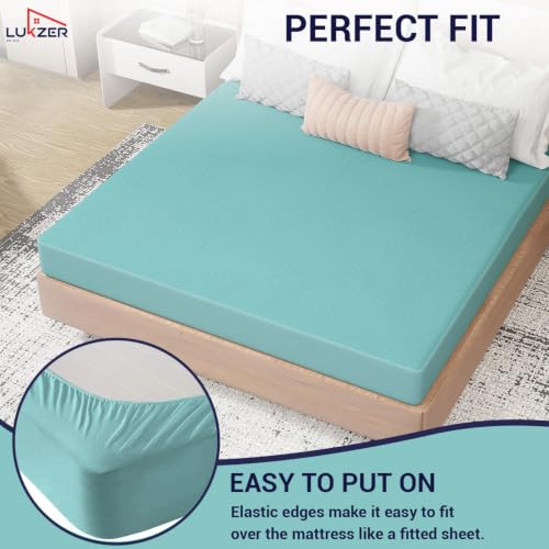 Image of Lukzer 100% Waterproof Quilted Mattress Protector Sky Blue Double Bed 72 x 48 Inches (6 x 4 ft) Cotton-Feel Bed Protector Noiseless Hypoallergenic Breathable Elastic Fitted Mattress Cover /Bed Cover