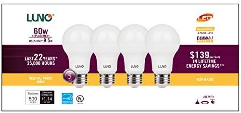 LUNO A19 Dimmable LED Bulb, 9.5W (60W Equivalent), 800 Lumens, 4000K (Neutral White), Medium Base (E26),UL & Energy Star (4-Pack) image 3