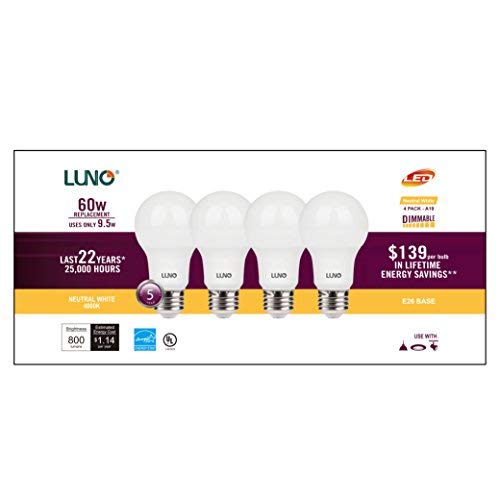 Luno A19 Dimmable Led Bulb, 9.5W (60W Equivalent), 800 Lumens, 4000K (Neutral White), Medium Base (E26),Ul & Energy Star (4-Pack) #TOP1