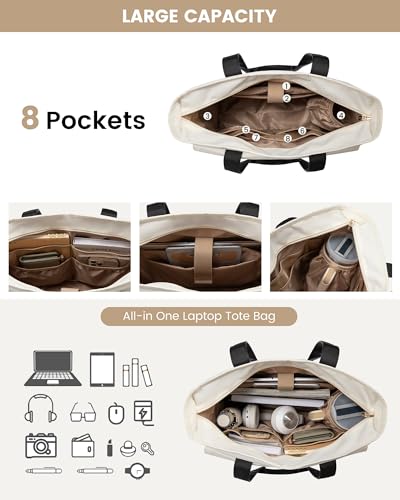 Image of LOVEVOOK Laptop Bag for Women 15.6 Inch Canvas Laptop Large Capacity Work Bags Mutiple Pockets Teacher Bag Water Resistant Computer Bags for Business Travel Nurse, Gray Beige