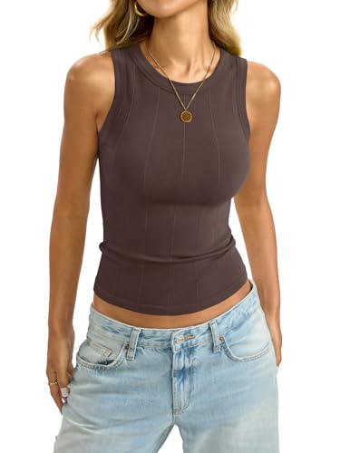 Image of EasyGala Womens Ribbed Seamless Tank Knit Crew Neck Shirt Summer Fitted Sleeveless Top Casual Basic High Neck Clothes