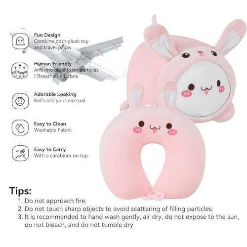 Image of Kids Travel Pillow - 2-in-1 Deformable Kids Neck Pillow for Traveling, Soft U-Shaped Pillow with Adorable Animal Design, Comfy Sleep and Play, Ideal for Airplanes and Traveling (QQ Pink Rabbit)