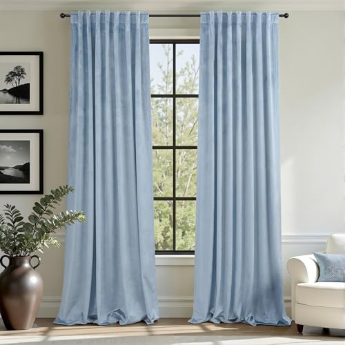 Image of Dusty Blue Velvet Drapes for Baby Boy Bedroom 96 Inches Long 2 Panel Thermal Insulated Light Blocking Floor Length Slate Stone Blue Velvet Curtains for Modern Home Decor Back Tab Pocket Greyish Blue