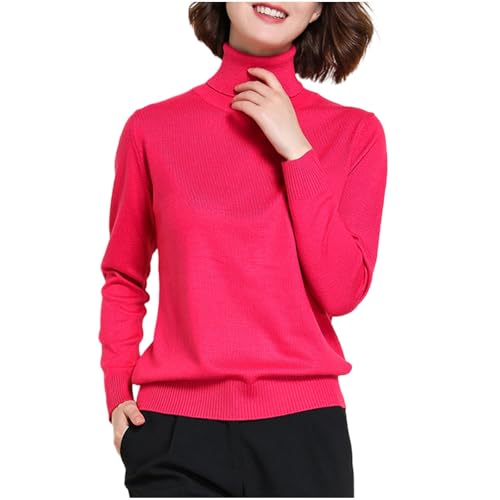 Jersey de cuello alto para mujer, manga larga, cuello redondo, casual, holgado, elegante, suave, térmico, cálido, ligero, elástico, ajustado, color liso, talla 8-18, Rosa Encendido a, XL