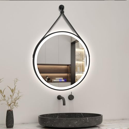 Biubiubath Rund Badspiegel 60cm LED Wandspiegel mit Touch/Wandschalter Beschlagfrei 3 Lichtfarbe+Dimmbar Badezimmerspiegel mit Schwarz Ledergürtel IP44