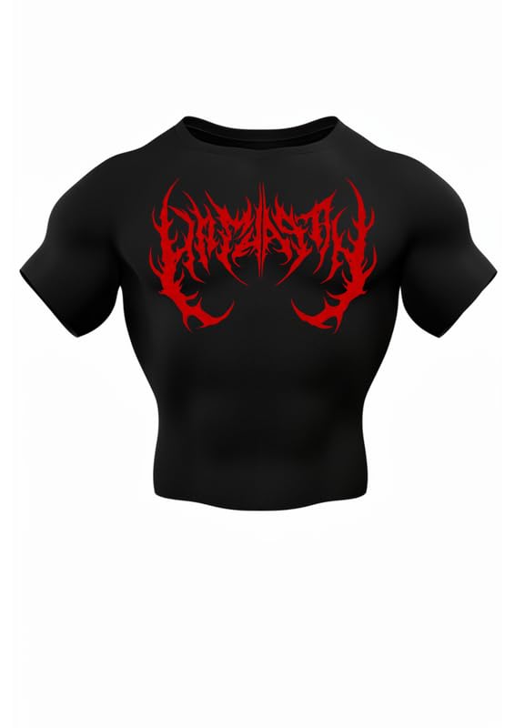 Image of Mens Gym Devil Bat Logo Compression T-Shirt | Polyester Half Sleeve Sports Wear and Rash Guard for Training Workout and Athletic Activewear | Black