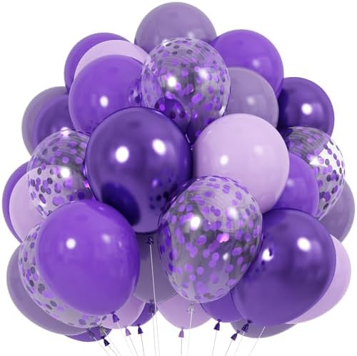 Purple Balloons 12 Inch 60 Pack Lavender Metallic Confetti Purple Balloons Pastel Lilac Latex Helium Balloon for Girl Women Birthday Wedding Halloween Baby Shower Party Decoration