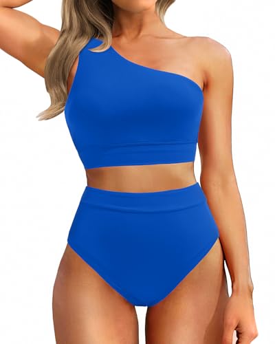 Image of Holipick Women One Shoulder High Waisted Bikini Set Two Piece Tummy Control Swimsuits Full Coverage Bathing Suit