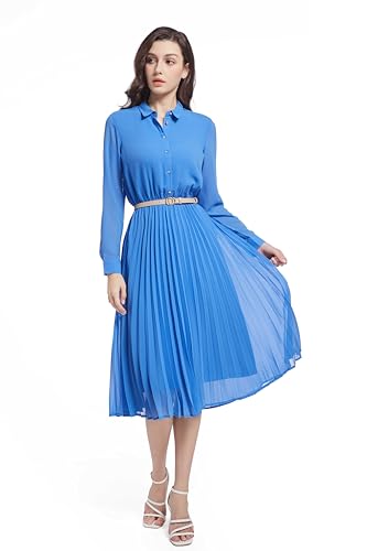 Image of Business Casual Shirt Dress for Women Long Sleeves Pleated Midi Dresses with Belt