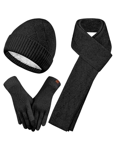 REACH STAR Womens Winter Warm Beanie Hat Touchscreen Gloves Scarf Set with Soft Fleece Lined 3 In 1 Set for Cold Weather