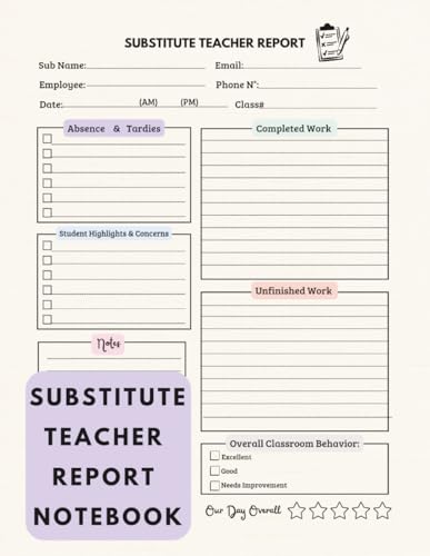 Substitute Teacher Report Notebook： Substitute Teacher Log for Daily Substitute Teacher Records must haves | Get A Review On How The Day Was | 110 pages image 2