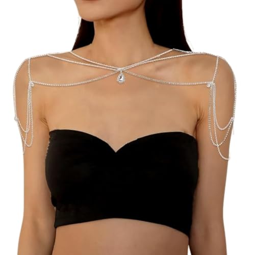 Collar de cuerpo multicapa con borlas de cristal que realza los hombros y brazos de la mujer 2