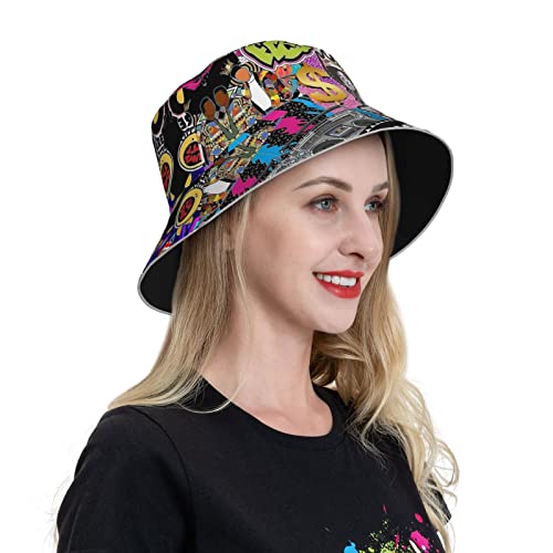 Retro 80S 90S Fashion Reversible Bucket Hat For Women Men Vacation Travel Beach Camping Sun Cap Foldable Funny Fisherman Cap #TOP7