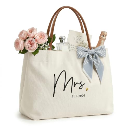 Ugiftcorner Mrs Gifts for Bride Tote Bag 2026 Embroidered Canvas Wedding Essential Bag with Leather Handle & Pocket Bridal Shower Gift for Bride to Be Bachelorette Honeymoon Future Mrs Beach Bag