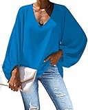 Amzbeauty Women's Sweet & Cute Shirt Balloon Sleeve V-Neck Solid Color & Polka Dots Blouse Top Blue