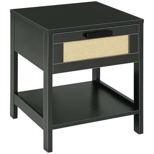 HOMCOM Table de Chevet Table de Nuit avec tiroir et étagère, cannage en rotin, dim. 40L x 40l x 48H cm Noir
