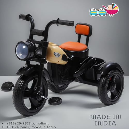 Image of eHomeKart Himalayan Kids Tricycle - Front Headlight, Musical - 1 Year to 5 Years - Trike for Indoor and Outdoor - Up to 30 Kgs - Made in India, Black