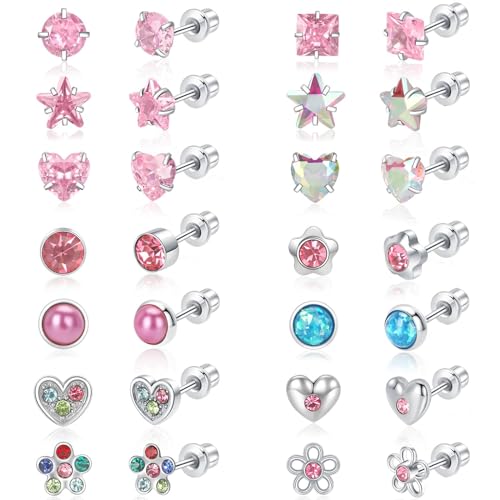 14 Pairs Surgical Steel Earrings Set for Toddlers, Kids, Women - Hypoallergenic Screw Back, Cute Heart CZ Pink Flat Back Stud, Hypoallergenic