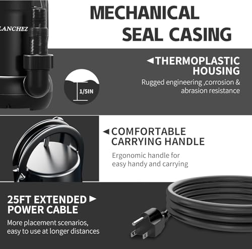 LANCHEZ Sump Pump 3/4 HP 4450 GPH Submersible Water Pump Thermoplastic Portable Utility Pump High Flow Water Removal for Swimming Pool Garden Pond Basement Window Wells with 25ft Long Power Cord