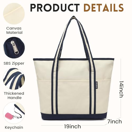 Image of Large Canvas Tote Bag for Women, Beach Bag with Zipper, Utility Tote Bag with 3 Front Pockets, Weekender Pool Bag