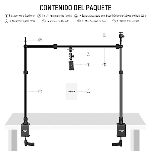 Miniatura 9 de Neewer Overhead Camera Mount Rig Con Súper Abrazadera De Doble Cabezal Soporte Móvil Escritorio, Soporte Cámara Cenital Plataforma Montaje De Múltiple Dispositivo Fotografía, Carga Máxima 12kg, Nk002