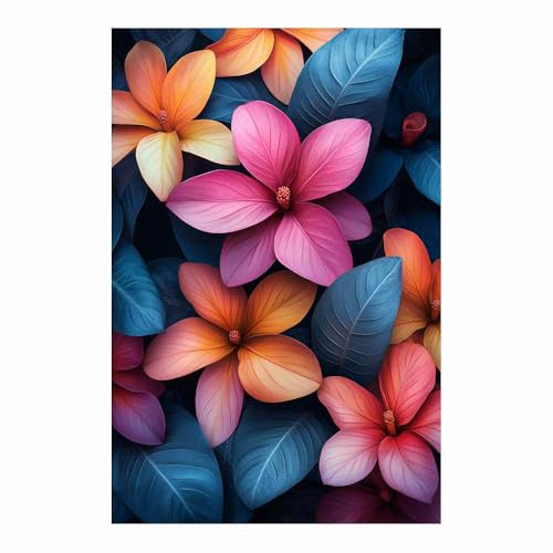 Art naturel intemporel poster moderne TERUEA fleur rose et feuille bleue 70x100cm