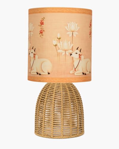 Image of Homesake Handwoven Rattan Table Lamp with Pichwai Art Printed Fabric Shade, Decorative Raffia Oval Bedside Lamp, Boho Cane Table Lamp with E27 Holder & Bulb Included, Living Room & Bedroom Home Decor