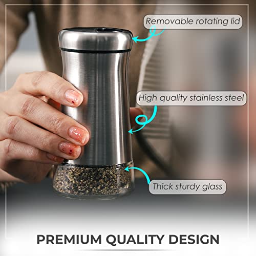 Pepper Shaker or Salt Shaker with Adjustable Pour Holes - Elegant Stainless Steel Spice Dispenser - Perfect for Himalayan, Table Salt, White and Black Pepper (Pepper Shaker)