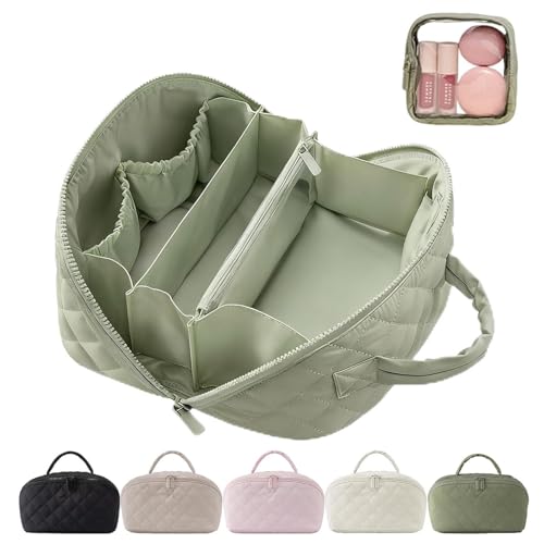 Juoxeepy Travel Makeup Bag Wide Open Lay-flat Cosmetic Bag Quilted Toiletry Bags with Multiple Compartments
