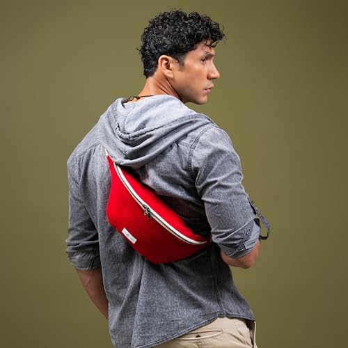 Image of The Peacock Crew Canvas Crossbody Sling Bag for Men & Women - Adjustable Strap, Dual Zippers Left /Right Handed, Secure Everyday Travel Fanny Pack Shoulder Pouch, Trekker Red, Medium, Crossbody Belt
