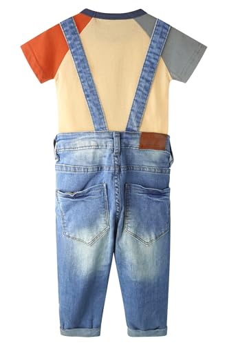 Toddler Little Big Boys 2 Piece Outfits, Graphic Dinosaur Bear Planet Puppy Printed Cotton T-shirt Denim Overalls2