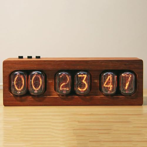 Reloj Nixie digital retro con base de madera y conector tipo C 2