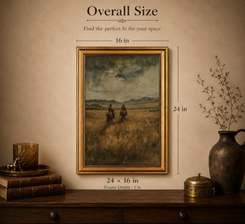 Image of Gold Framed 3D Textured Wall Art, Vintage Western Cowboy Horse Canvas Prints, Wild West Mountain Landscape Pictures Decor, Mid-Century Equestrian Gallery Artwork for Living Room Office 24x16 in