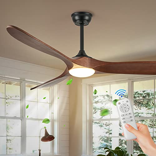 FookChak 60” Outdoor Ceiling Fan with Lights and Remote Control Modern Farmhouse 3 Blades Ceiling Fan Light for Bedroom Dining Room Balcony Porch, Black & Solid Walnut Wood