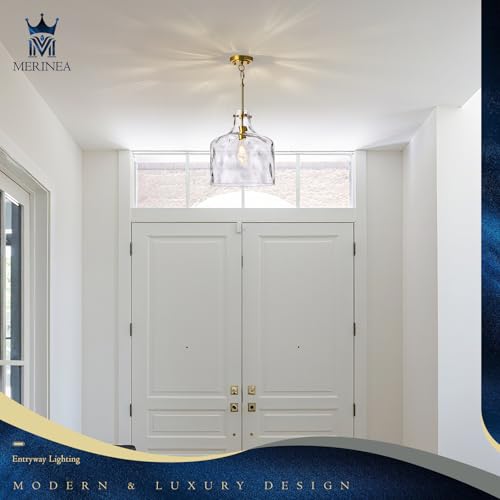Image of 12 inch Gold Farmhouse Pendant Light, Hammered Glass, E26 Hanging Light