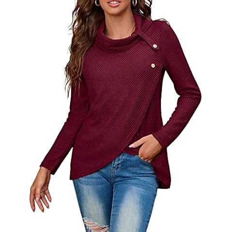 KILIG Womens Cowl Neck Lightweight Sweaters Long Sleeve Asymmetric Waffle Wrap Button Pullover Sweater(Wine,XL) Cover