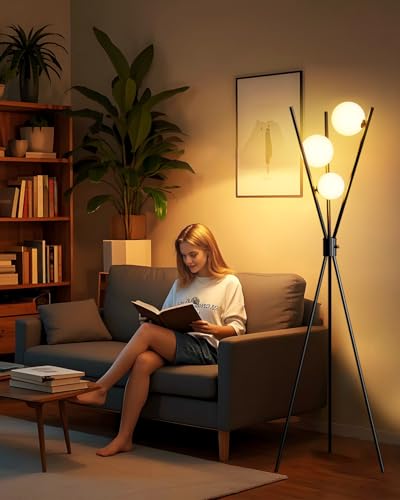Image of Lightdot 60IN Dimmable Black Tripod Floor Lamp Mid Century Standing Lamps with 3Pcs 3000K Bulbs Included Eye Care&Stable Base Modern Tall Lamp for Living Room /Sofa Beside /Corner Decor