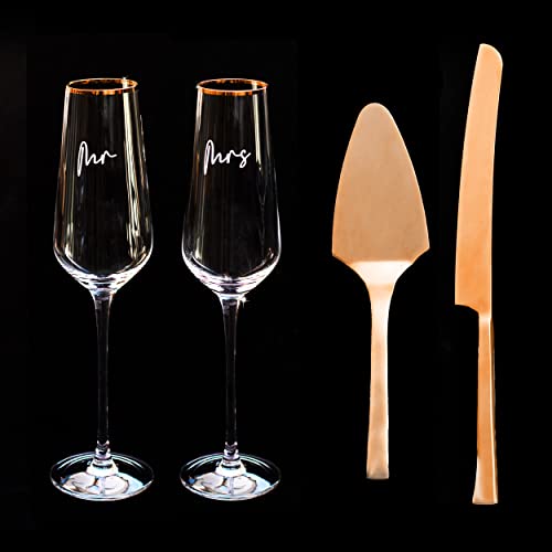 J&A Homes Rose Gold Wedding Cake Knife Server Set And Toasting Flutes - Reception Bride Groom Wedding Party Champagne Glasses Pie Cake Cutting Engagement Gift #TOP2