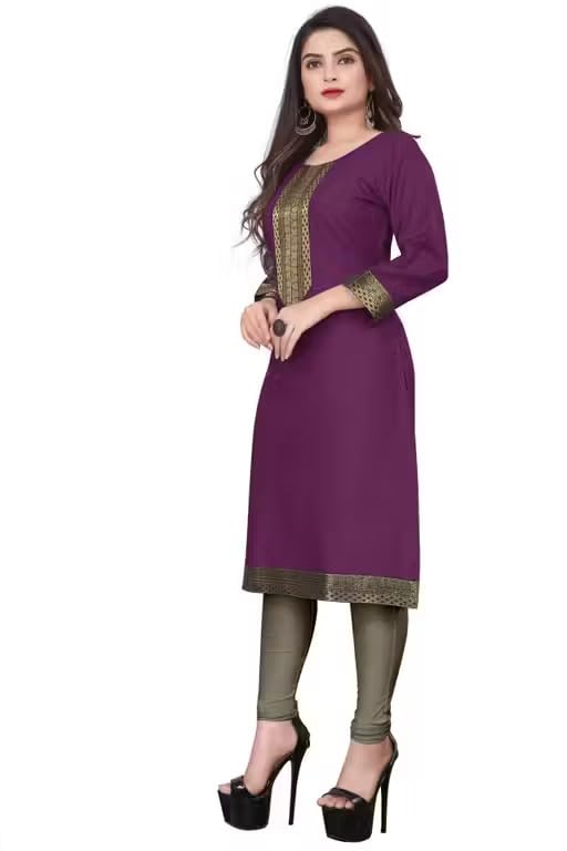 Image of Women Straight Woven Design Cotton Blend Round Neck 3 /4 Sleeve Kurti Only