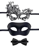 DAWZMR Black Masquerade Mask for Men, Mens Venetian Mask with Bow Tie & Lace Mask for Halloween Mardi Gras Costume Party