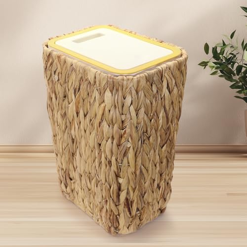 Oranwell Slim Trash Can with Lid, 3 Gallon Small Trash Garbage Can Skinny Rubbish Waste Bin Basket with Press Top, Narrow Woven Wicker Wastebasket Wastepaper Basket for Bathroom Bedroom Office