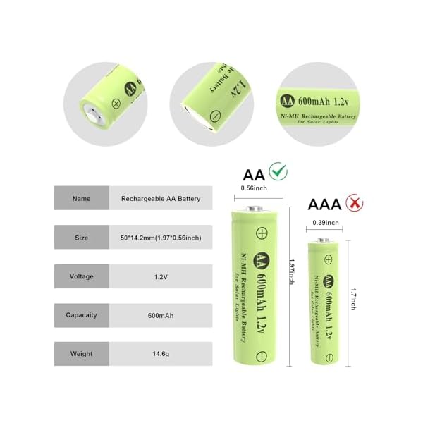 AA Ni-MH 600mAh 1.2V Rechargeable Batteries, AA Solar Batteries for Outdoor Solar Lights, Garden Lights, String Lights (12Pack AA) - Image 7