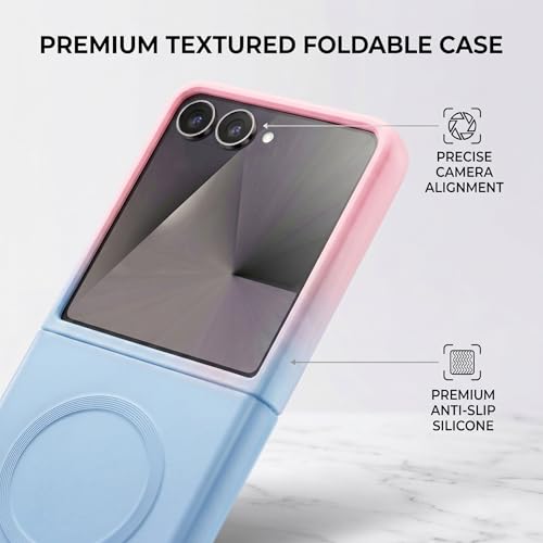 Image of amazon basics Gradient Mag-Safe Case for Samsung Galaxy Z Flip 7 5G | Soft Silicone Shockproof Cover with Camera Protection | Slim Lightweight Design | Smooth Touch & Durable - Pink & Blue