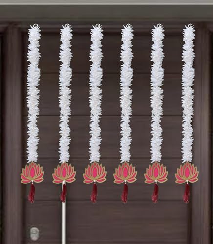 Image of Rajasthan Kraft Artificial Gajra & Wooden Lotus Hanging Pack of 6 | 32 Inch Long | Artificial Garland Set | White Floral Door Hanging | Mandir Decorations Items for Sankranti, Ugadi, Gudi padwa.