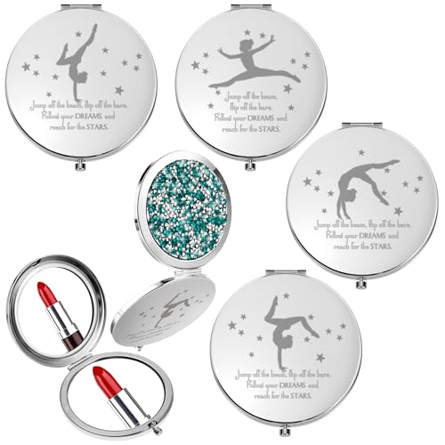 Fumete Gymnastics Gifts for Girls 4 Pack Inspirational Compact Mirror Gymnastics Team Gifts Bulk Rose Gold Magnifying Makeup Mirror for Gymnast Coach Appreciation Dance Competition Gift(Green)