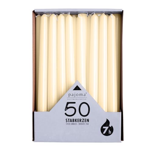 pajoma® Lot de 50 bougies à tige ivoire - Hauteur : 25 cm - Diamètre : 2 cm - Durée de combustion : environ 7 heures - Polyvalent comme bougie de table, de décoration, de Noël et pour les événements